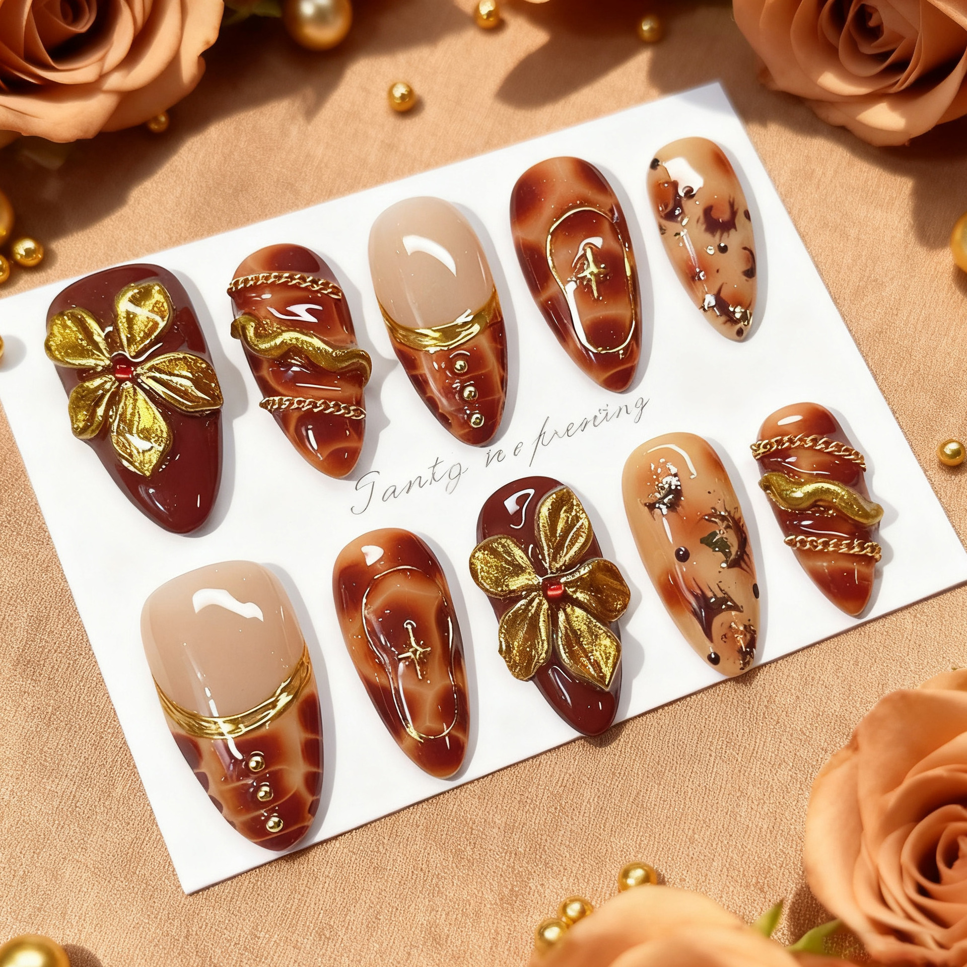 Pressed Flower Art - 24pcs Flower False Nails Brown Leopard