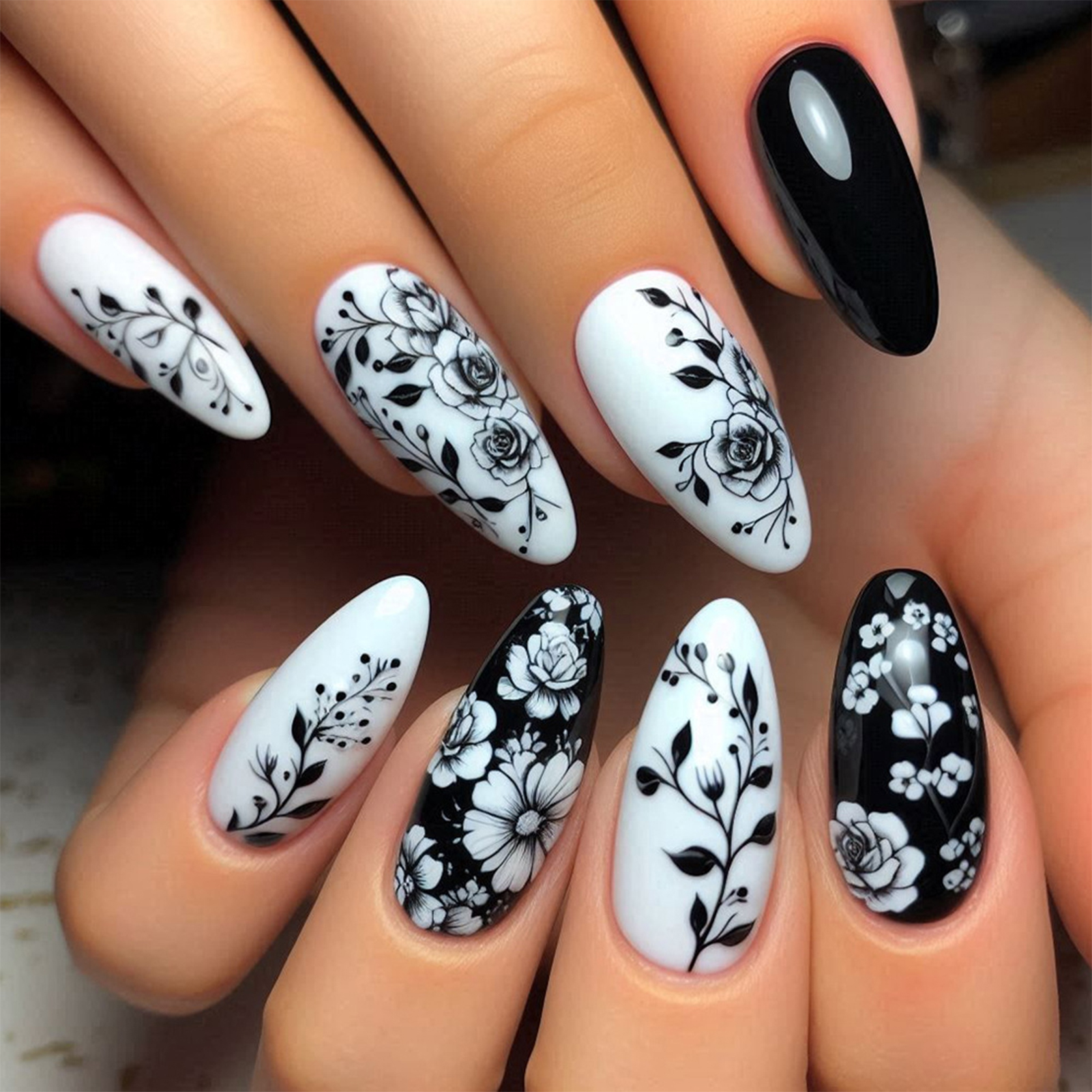 24Pcs Almond Fake Nails Black/ – Pressed Flower Art recenzja i cena