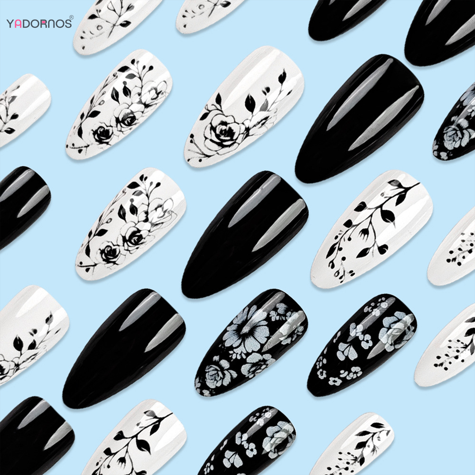 24Pcs Almond Fake Nails Black/ – Pressed Flower Art recenzja i cena