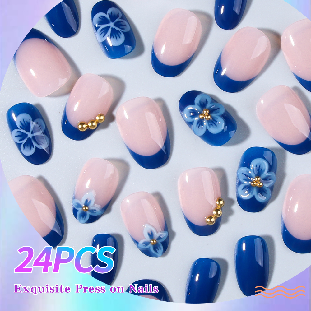 24pcs Short Oval 3D Gel Nail S – Pressed Flower Art recenzja i cena