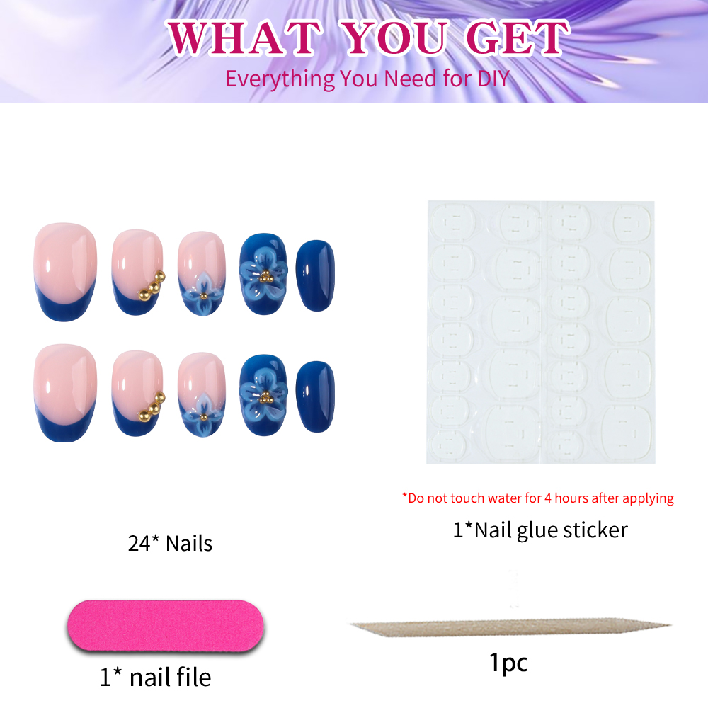 24pcs Short Oval 3D Gel Nail S – Pressed Flower Art recenzja i cena